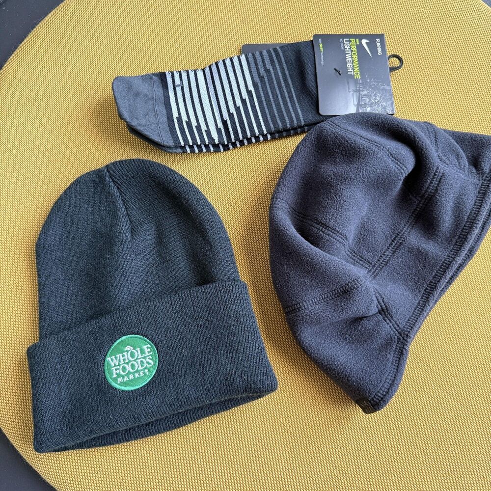 Bundle Whole Foods Market All in Motion Hat Cap Beanie Knit, Light Nike Socks